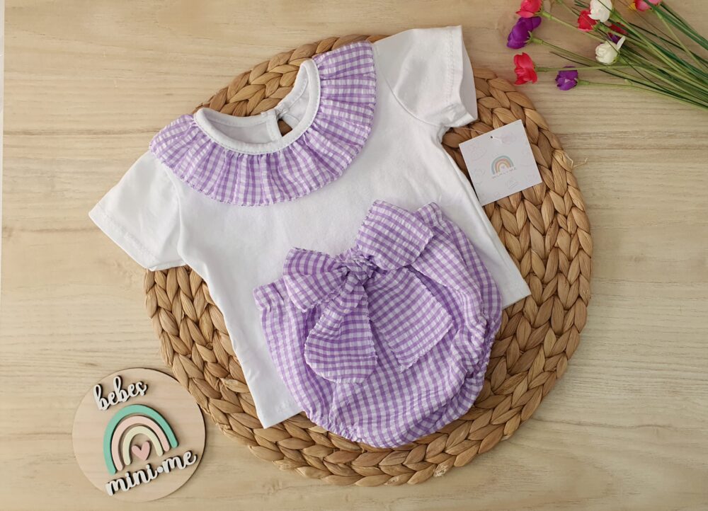 Conjunto 2 Piezas Vichy Lila y Blanco – Camiseta + Cubrepañal con Lazo