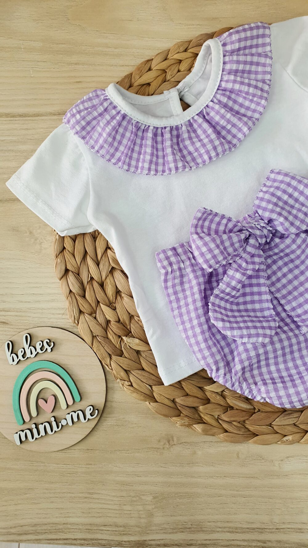 Conjunto 2 Piezas Vichy Lila y Blanco – Camiseta + Cubrepañal con Lazo - Imagen 2
